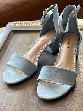London Fog Light Blue Faux Suede NIKKI Block Heel Sandals